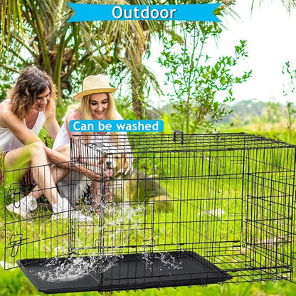 Dog Crate, Folding Portable Outdoor Large Two Door Metal Cat Dog Cage with ABS Tray LC Panel Floor Protecting Feet Wire Animal Pet Dog Kennel with Divider