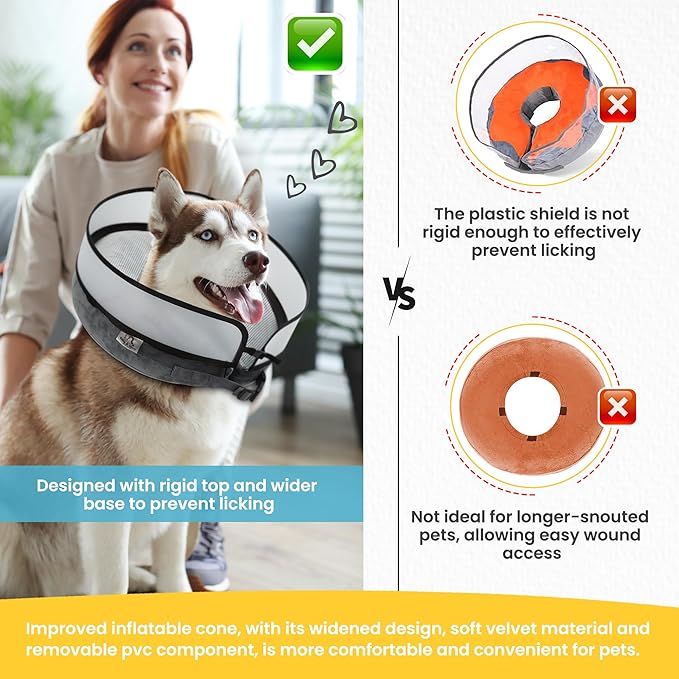 Inflatable Dog Cone Collar w/Pump - Medium Dog Donut Collar After Surgery - Washable Dog Collar w/Removable Soft Cone for Dogs After Surgery- Dog Cone Alternative After Surgery w/Soft Cover