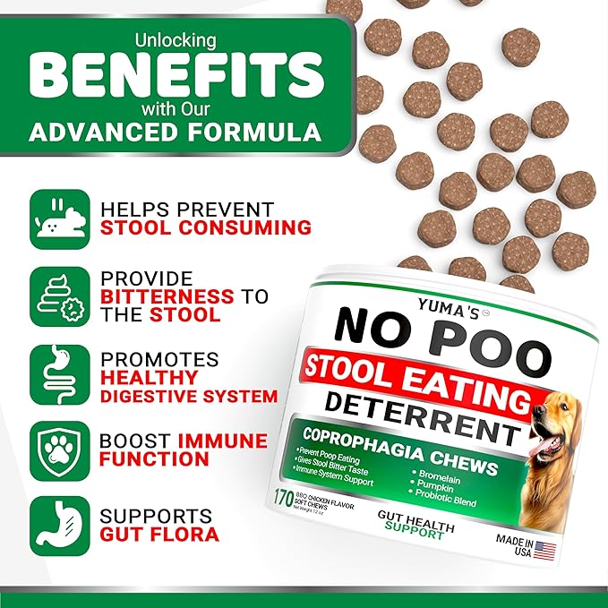 YUMA'S No Poo Chews for Dogs - 170 Count - Coprophagia & Stool Eating Deterrent for Dogs - Stop Eating Poop for Canine - Probiotics & Digestive Enzymes Supplement - Gut Health - Made in USA