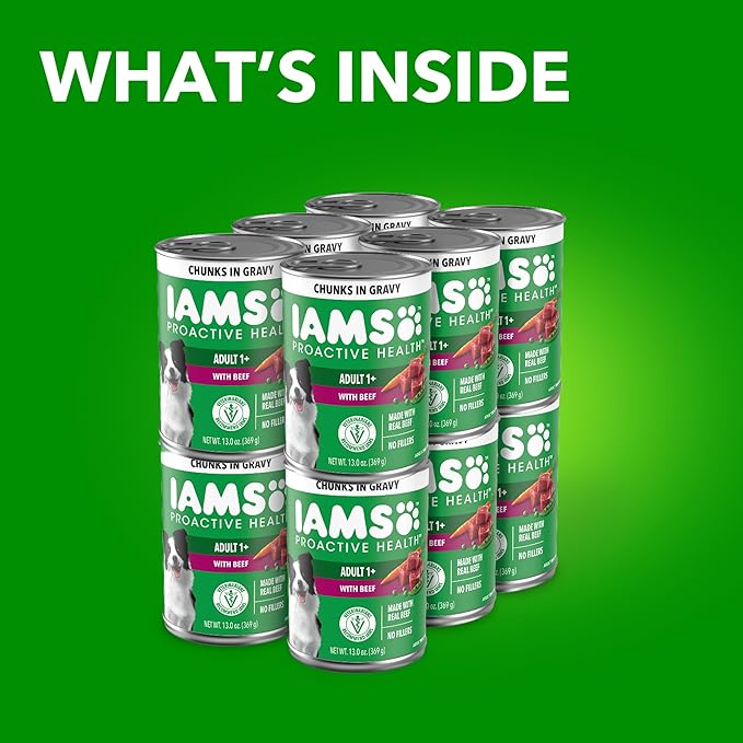 IAMS Proactive Health Adult Wet Dog Food Chunks in Gravy, Beef Recipe, 13 oz. Cans (12 Count, Pack of 2)