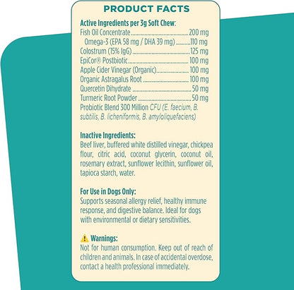 Daily Allergy + Immune Relief Dog Supplement Chews with Probiotics & Omega-3s for Itchy Skin and Ears, 50 Tasty Beef Liver Soft Chews for Dog Allergy Relief