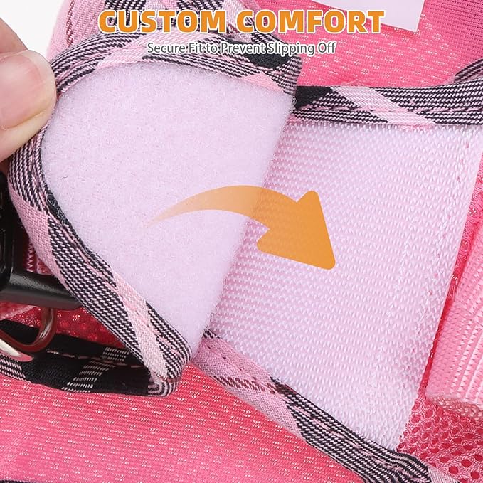 KOOLTAIL Small Dog Harness and Leash Set, Cute Pink Girl Puppy Harness, Step in No Pull Soft Mesh Pet Vest Harness Collar for Small Size Dogs Cats, Plaid Dog Halters for Outdoor Walking, Pink S