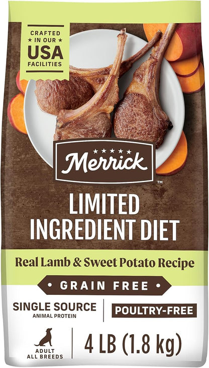 Merrick Limited Ingredient Diet Grain Free Dry Dog Food, Premium and Healthy Kibble with Lamb and Sweet Potato - 4.0 lb. Bag