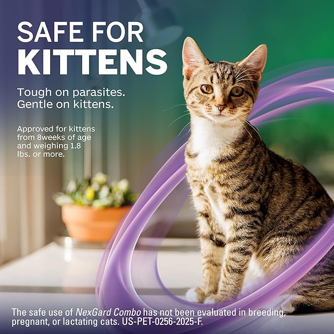 NexGard® Combo (esafoxolaner, eprinomectin, and praziquantel Topical Solution) Flea and Tick Protection Plus Heartworm Disease Preventive for Cats, 1.8-5.5 lbs. (Purple Box) 3 Doses (3 Month Supply)