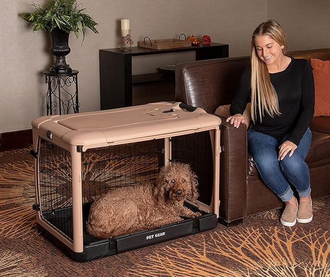 Pet Gear “The Other Door” 4 Door Steel Crate for Dogs/Cats with Garage-Style Door, Includes Plush Bed + Travel Bag, No Tools Required, New Tan, 36 Inch