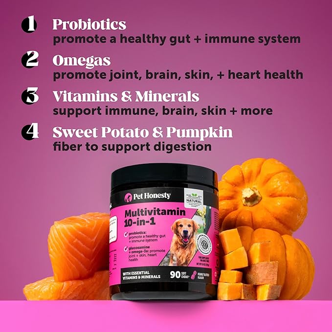 10-in-1 Dog Multivitamin Supplement with Glucosamine & Probiotics - Hip & Joint Support, Digestive Health, Immune Support, Heart & Skin - All-in-One Daily Vitamins & Omega-3s (Peanut Butter, 90 ct)