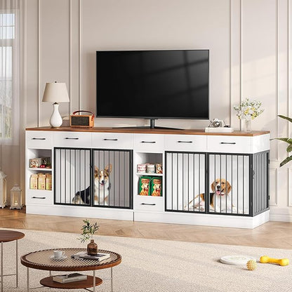 47.2" Dog Crate Furniture with Storage Drawers & Hidden Bowl, Wooden Indoor Kennel with Shelf & 2 Doors, Pet Cage for Small/Medium Dogs