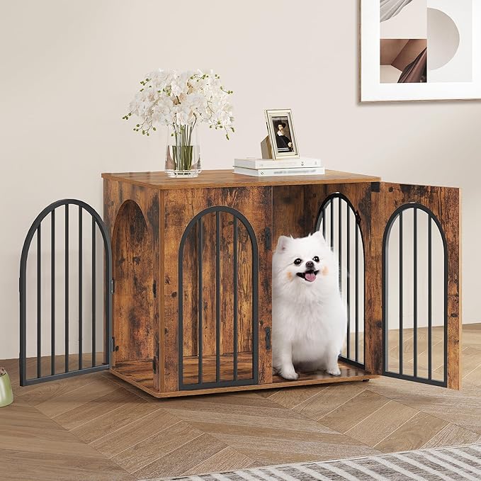 Hzuaneri 26.8'' Wooden Dog Crate Furniture, Indoor Dog Kennel Dogs Cage for Small Dogs, Heavy Duty Dog Crates Decorative Pet House End Side Table TV Stand, Rustic Brown DFC85501B