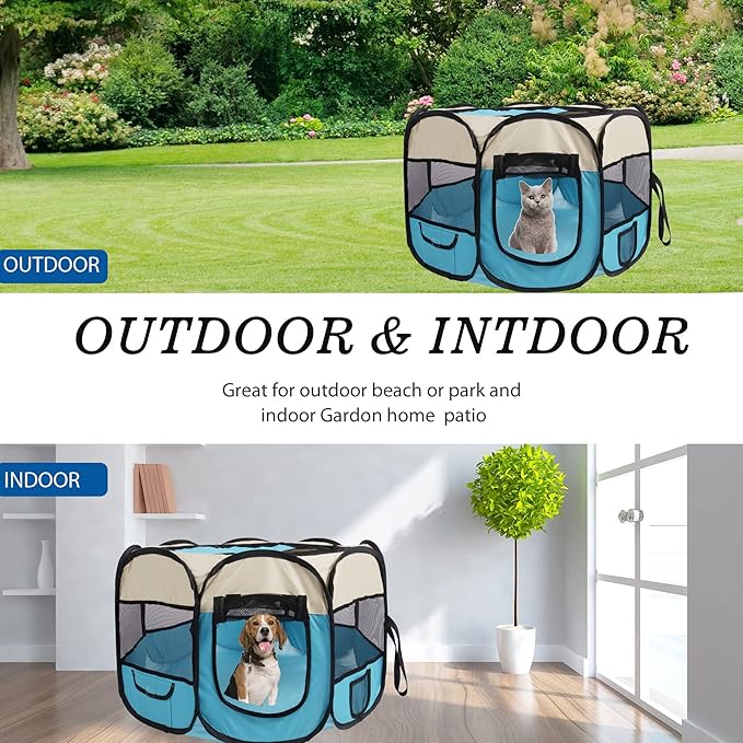 Pet Cat Playpen for Indoor Cats,Puppy Small Dog Cat Tent Crates Cage,Portable Pet Dog Playpen,29x29x16,Blue/Beige,1Pack