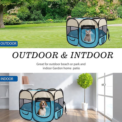 Pet Cat Playpen for Indoor Cats,Puppy Small Dog Cat Tent Crates Cage,Portable Pet Dog Playpen,29x29x16,Blue/Beige,1Pack