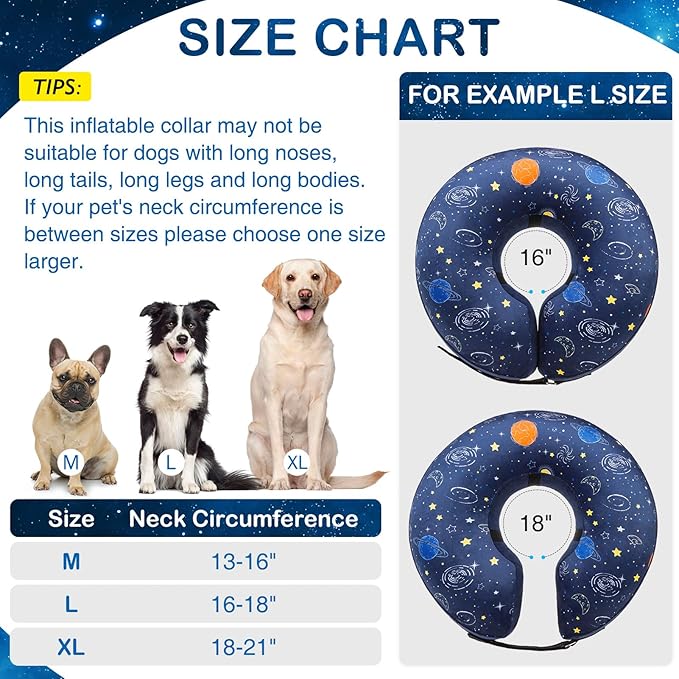 SCENEREAL Dog Cone Alternative After Surgery Donut Collar, Soft Pet Recovery Pillow Collar for Medium Large Dogs, Inflatable Adjustable Neck Collars to Prevent Licking, Planet Print E-Collars XL