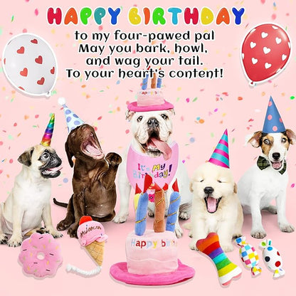lilfrd Dog Birthday Toys Girl, Squeaky Plush Birthday Cake Hat Bandana, Birthday Gifts for Small & Medium Dog, 9 Pack Pink