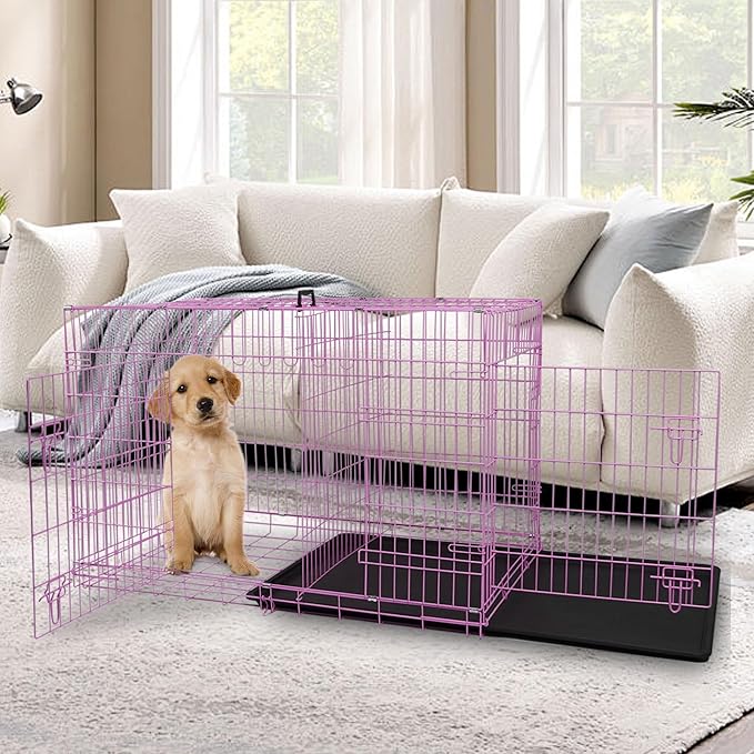 Dog Crate, 24/30/36/42/48 Inch Dog Crates for Small Medium Large Dogs Indoor, Folding Metal Dog Kennel Dog Cage with Double-Door, Divider Panel, Removable Tray, Locks and Handle, (30 Inch, Pink)