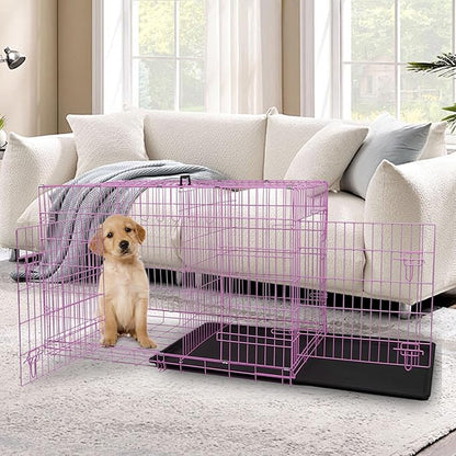 Dog Crate, 24/30/36/42/48 Inch Dog Crates for Small Medium Large Dogs Indoor, Folding Metal Dog Kennel Dog Cage with Double-Door, Divider Panel, Removable Tray, Locks and Handle, (30 Inch, Pink)