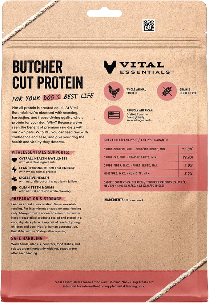 Vital Essentials Freeze Dried Raw Chicken Necks Dog Treats | Single Ingredient | Premium Quality | Grain Free Treats for Dogs, 9 oz Bag