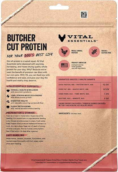 Vital Essentials Freeze Dried Raw Chicken Necks Dog Treats | Single Ingredient | Premium Quality | Grain Free Treats for Dogs, 9 oz Bag