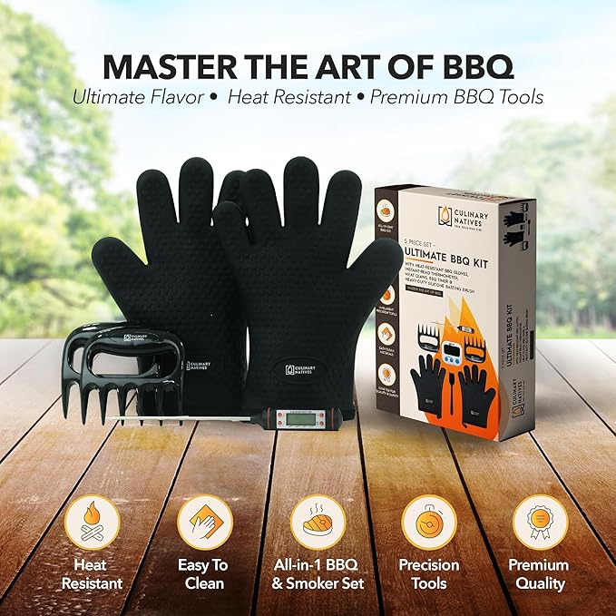 Smoker Gloves and Meat Claws | No.1 Heat Resistant BBQ Grill Gloves | Meat Shredder Claws | Thermometer | Silicone Smoker Oven Mitts & Pulled Pork Shredders | Barbecue, Grilling, Smoking, Shredding