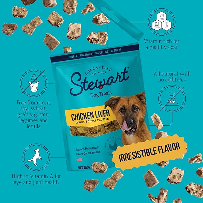 Stewart 100% Chicken Liver Dog Treats, 16 oz Pouch, ~300 Pieces, Freeze Dried Raw, Single Ingredient, 60% Protein Training Treats or Meal Topper, Grain Free, Gluten Free