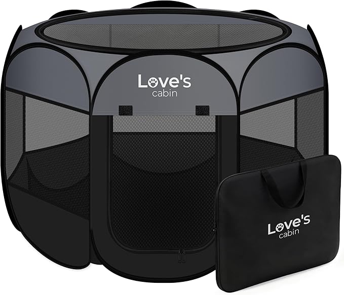 Love's cabin Pet Puppy Dog Playpen, Small Dog Tent Crates Cage Indoor/Outdoor, Portable Playpen for Cat, Foldable Pop Up Dog Kennel Playpen with Carring Case, Removable Zipper Top, Dark Grey