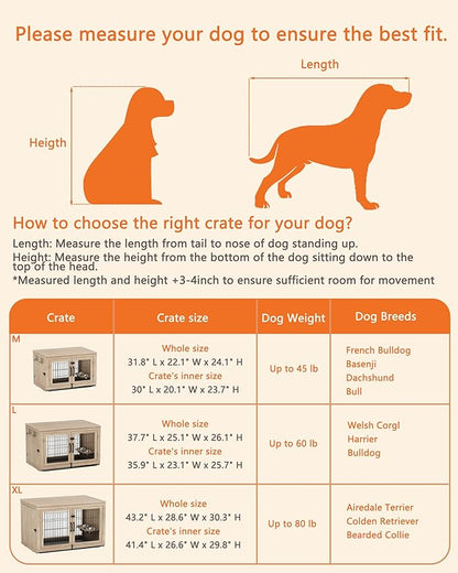 Piskyet Wooden Dog Crate Furniture with 360°Rotatable Removable Dog Bowls, Dog Crate End Table with Tray, Double Doors Dog Kennels for Dogs(M:31.8" L*22.1" W*24.1" H, Gray)