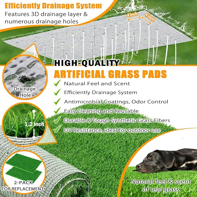 Dog Grass Pad with Stainless Steel Tray - 23.6"x15.8" Dog Potty Indoor Outdoor - Odor-Free 4-Layer Drainage System with Durable & Strong Metal Tray - Artificial Grass Turf for Small Medium