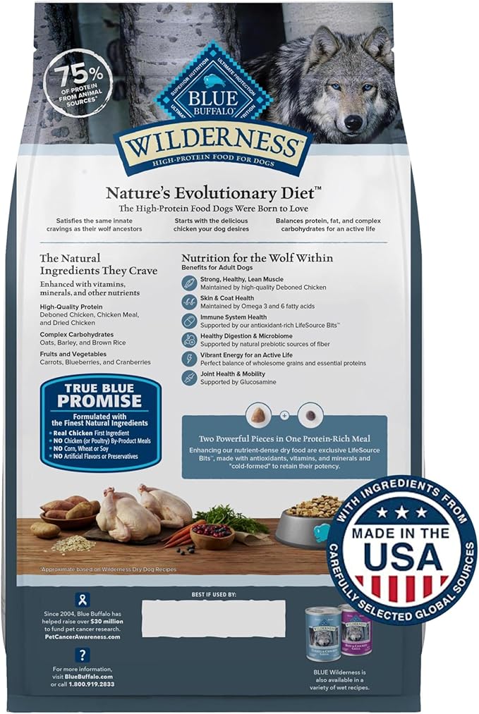 Blue Buffalo Wilderness Natural High-Protein Dry Food for Adult Dogs, Chicken Recipe, 24-lb. Bag