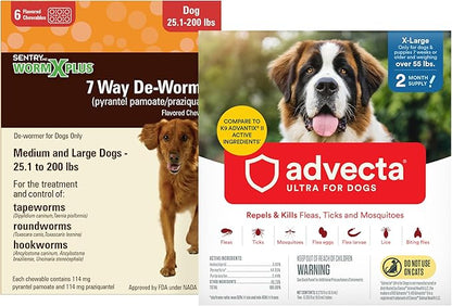 WORM X PLUS 7 Way DeWormer for Large Dogs Over 25 lbs (6 Count) + ADVECTA Flea and Tick Prevention for XL Dogs Over 55 lbs (2 Count) Bundle