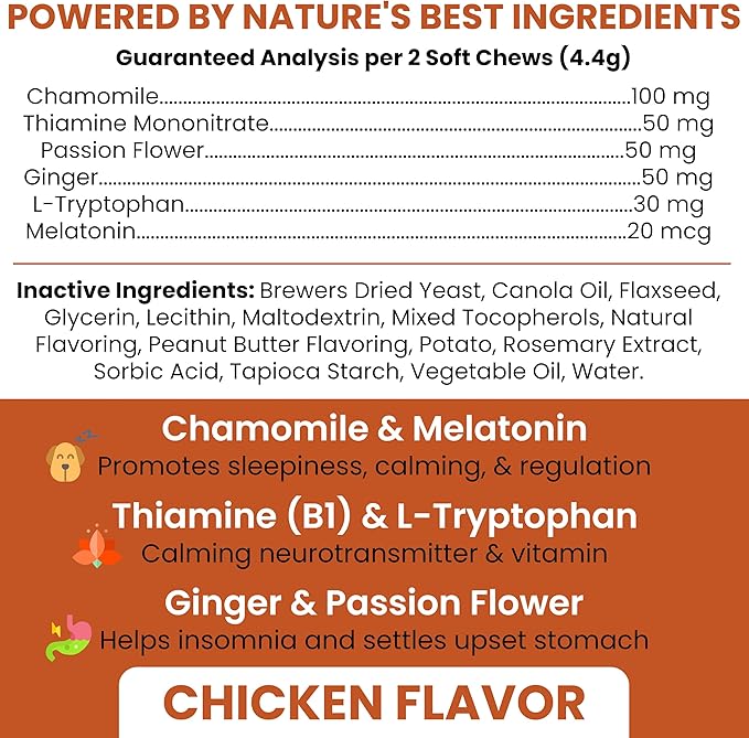Calming Chews for Dogs - 60 Anxiety Relief Treats for Fireworks, Thunder, and Storms - Natural Dog Calming Treats for Large and Small Breeds with Thiamine, L-Tryptophan, Ginger, and Melatonin