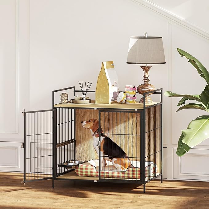 PawHut Dog Crate Furniture with Rotating Bowls, 30 Inch Pet Kennel Furniture End Side Table with 2 Doors, Top Storage Shelf, for Indoor Medium Dogs, Oak