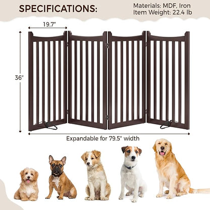 Yaheetech 36" H Extra Tall Freestanding Pet Gate 4-Panel Wooden Dog Fence with 2 Support Feet Folding Dog Gate for Indoor, Stairs, Doorway, Halls, Kitchen Wooden Pet Barrier Espresso, 79.5" L x 36" H