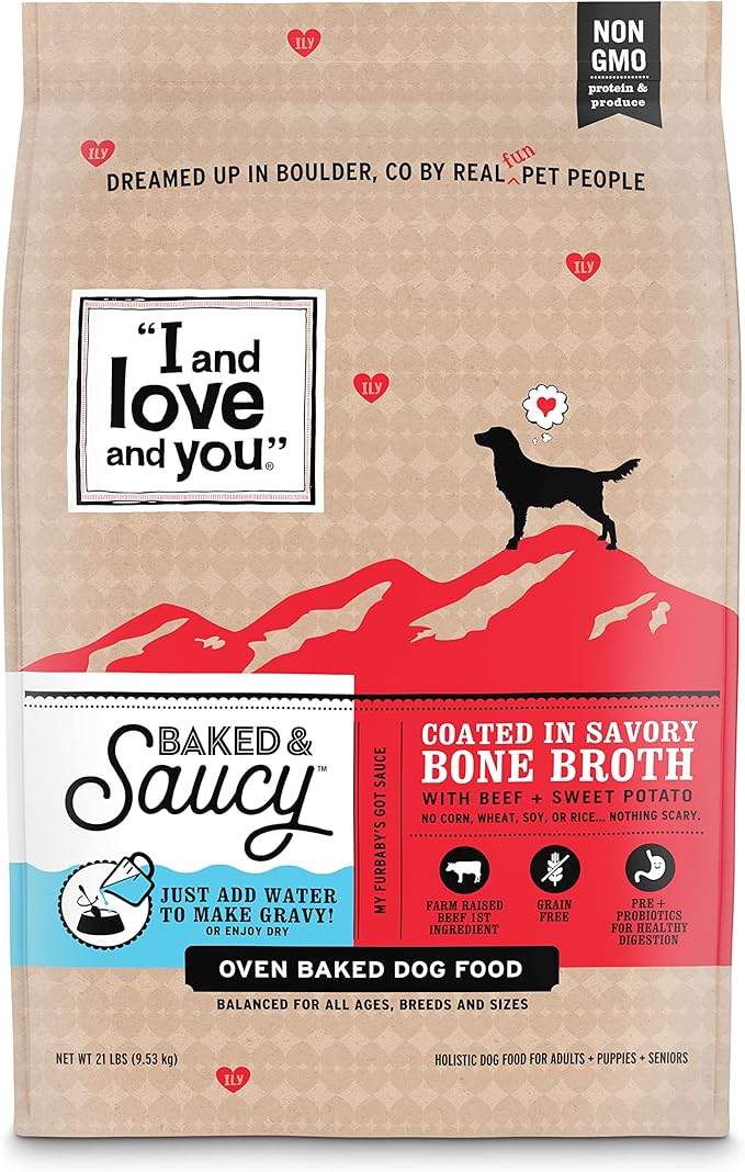 I AND LOVE AND YOU Baked and Saucy Dry Dog Food - Beef + Sweet Potato - Prebiotic + Probiotic, Real Meat, Grain Free, No Fillers, 21lb Bag