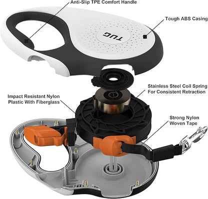 TUG 360° Tangle-Free Retractable Dog Leash with Anti-Slip Handle | 16 ft Strong Nylon Tape | One-Handed Brake, Pause, Lock (Large, White/Orange)