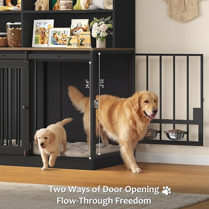 HOSTACK 71" Tall Dog Crate Furniture, 55" W Dog Kennel with Storage Hutch, XL Dog Crate for 2 Dogs with Feeding Bowls, Indoor Heavy Duty Dog Cage with Removable Room Divider, Wooden Pet House, Black