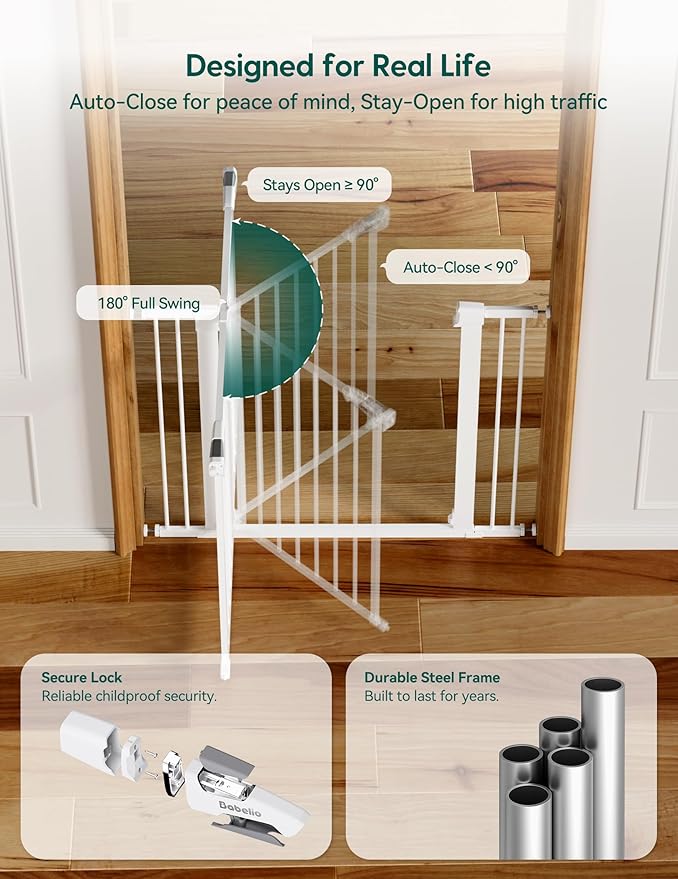 Babelio Metal Baby Gate, 29-48" Auto Close Easy Install Pet Gate, Extra Wide Walk Thru Child Safety Gate, Pressure Mounted Dog Gate for Doorways & Stairs, with Y Spindle Rods, White