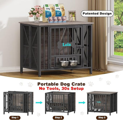 EasyCom Foldable Dog Crate Furniture, 31.5" Dog Crates for Small/Medium Dogs, Wooden Dog Kennel Indoor with Tag & Adjustable Dog Bowls, Dog Cage Use as End Table/TV Stand, Oak Grey