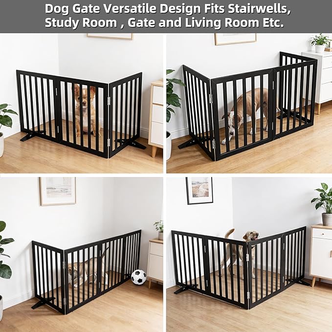 Dog Gate Indoor, Freestanding Dog Fence for The House, Doorways, Hallways,or Stairs,Pet Gate Foldable Wooden,Expandable 24" Height 3 Panels,Black
