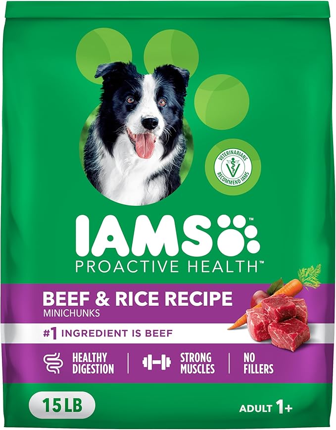 IAMS Proactive Health Dry Dog Food, Adult Dog Food Dry Recipe, Beef & Rice Recipe, 15 lb. Bag
