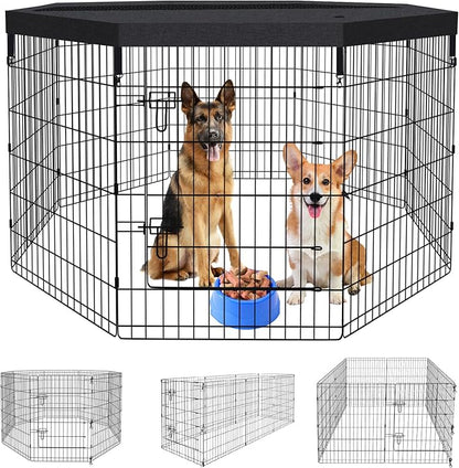 Peekaboo Pet Playpen Dog Fence Foldable Metal Dog Pen Wire Exercise Puppy Play Yard Pet Enclosure Indoor Outdoor 8 Panels 36 Inch with Bottom Pad/Top Cover(Black 36 top Cover)