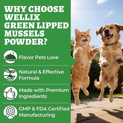 Wellix Green Lipped Mussels for Dogs & Cats-Hip and Joint Supplement for Senior Dogs With Omega 3&Probiotics for Support Hip&Joint Healthy, Anti-Inflammatory Powder for Dogs&Cats Arthritis Pain Relief