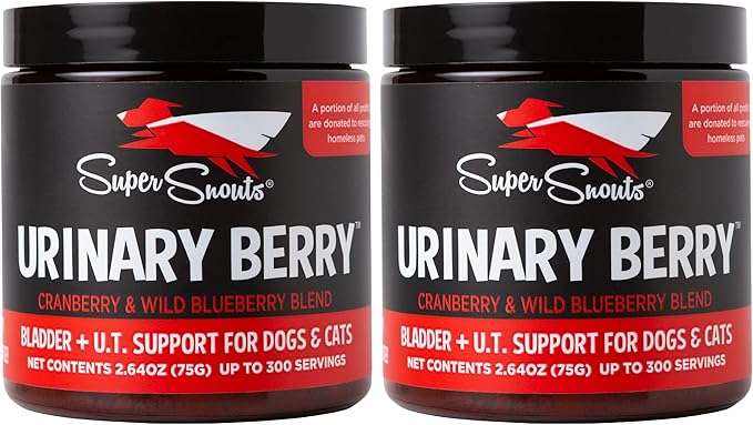 Super Snouts Urinary Berry Urinary Tract Supplements for Dogs & Cats, Made in USA, US & Canadian Blueberry & Cranberry Powder, UTI, Kidney Health Support, Bladder Support for Dogs (2.63 oz, Pack of 2)