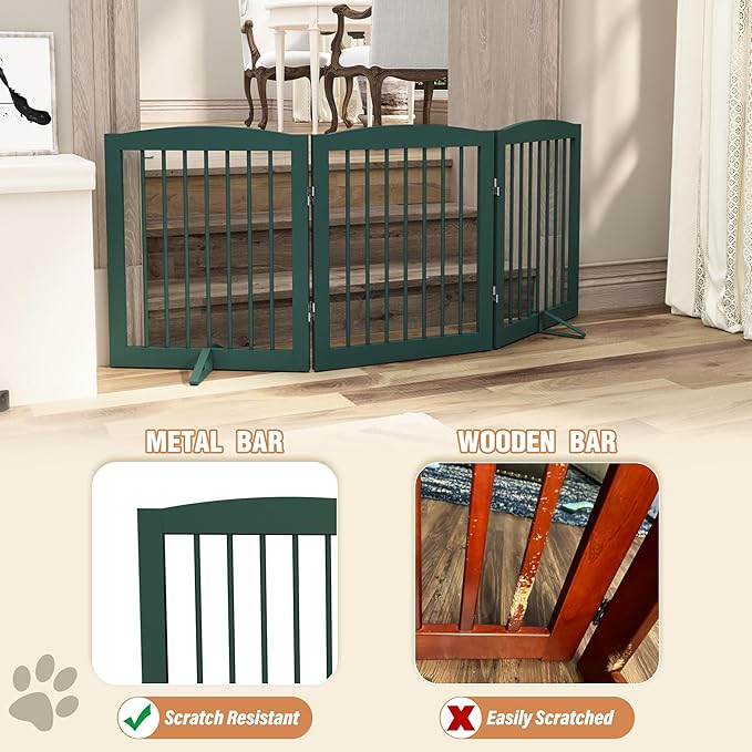 PUPETPO Freestanding Pet Gate for Dogs, Foldable Wooden Dog Gate for House, Indoor Dog Gate for Doorways, Stairs, Step Over Pet Puppy Safety Fence, Support Feet Included,24" Height 3 Panels,Green