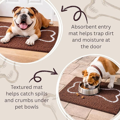 Soggy Doggy Slopmat Dog Food Mat – Absorbent Microfiber Chenille Pet Feeding Mat for Food & Water Bowls, Muddy Paws Small Doormat, Non-Slip, Machine Washable Rug – Chocolate/Oatmeal Bone, 18” x 24”