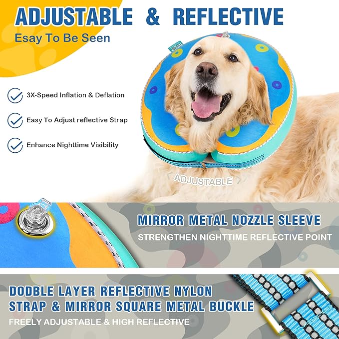 Inflatable Reflective Dog Cone Collar Alternative After Surgery,Dog Neck Donut,Recovery Soft Protective E Collar,Adjustable,for Small Medium and Large Dog Cats (Blue, L)