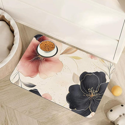 Pink Floral Pet Feeding Mat,Boho Flower Absorbent Quick-Dry Cat Dog Food and Water Bowl Mats,Non-Slip Rubber Backing Mat,Cat Dog Accessories Supplies 12"x20"