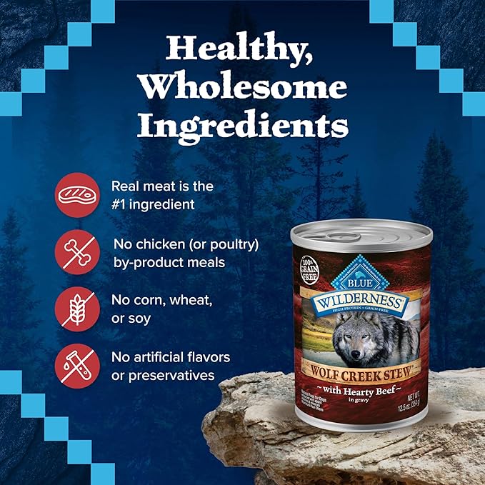 Blue Buffalo Wilderness Wolf Creek Stew Wet Dog Food,High-Protein & Grain-Free,Made with Natural Ingredients,Hearty Beef in Gravy,12.5-oz. Cans,(Pack of 24)