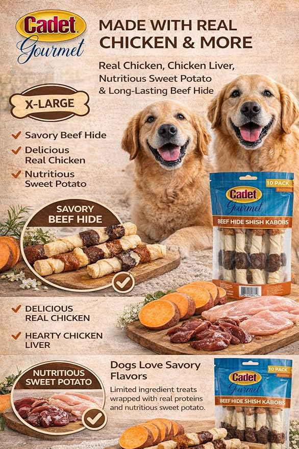 Cadet X-Large Dog Treat, 4-in-1 Beef Hide Shish Kabobs, 10 ct