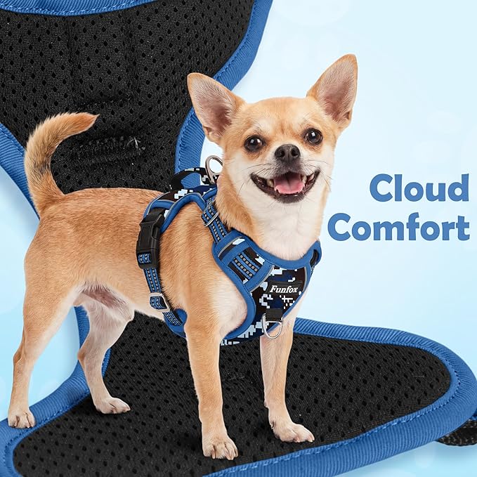 Funfox Dog Harness No Pull, Adjustable Pet Vest Harness, Super Soft Material with Vertical Handle Easy Control, Reflective Night Walking, 2 Leash Clips for Large Dogs, Mosaic Blue, L