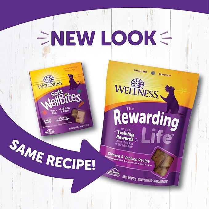 Wellness Rewarding Life Dog Treats, Training Treat, Grain Free, Soft Chicken & Venison (6 Ounce Bag) (Pack of 2)