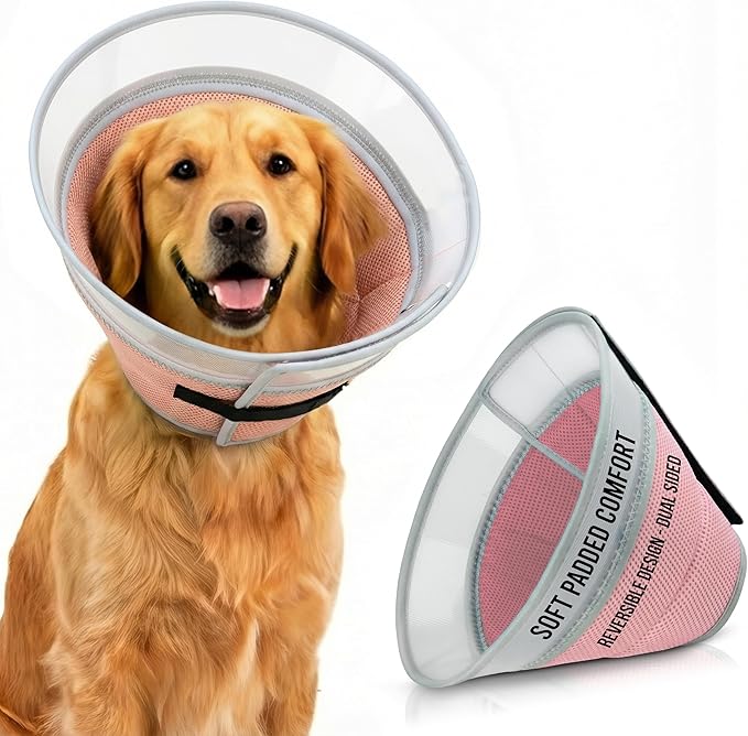 Soft Dog Cone Collar to Stop Licking Small,Medium.Large Dog Cone,Adjustable and Reversible Design,Non-Woven Breathable Fabric, Elizabethan Recovery Collar After Surgery for Cat or Dogs (Pink, Large)