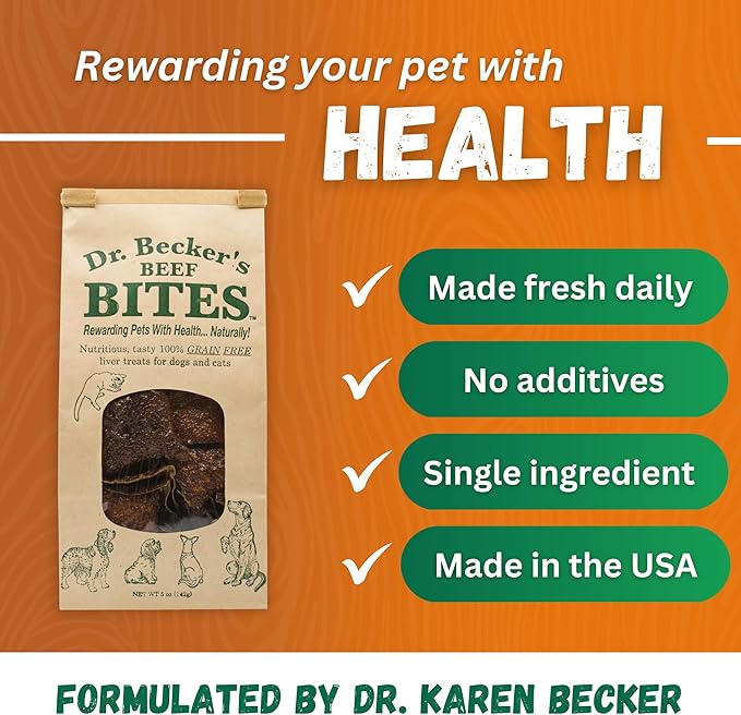 Dr. Becker's Original Beef Bites | 100% Pure Meat Protein | Grain Free Liver Training Treats for Dogs & Cats, 5 oz